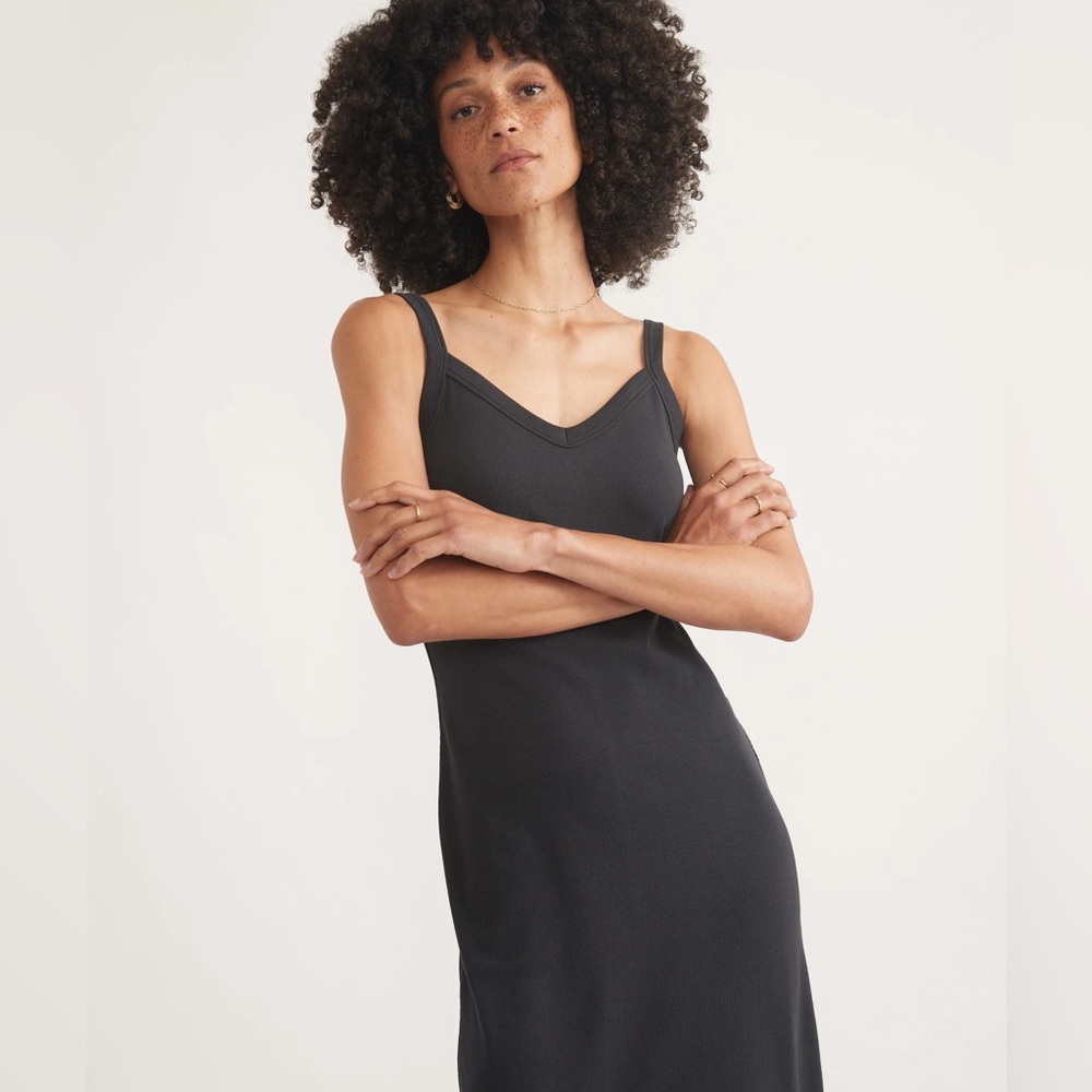 MARINE LAYER Lexi Rib Sun-In Spaghetti Strap Dress in Black Size Large